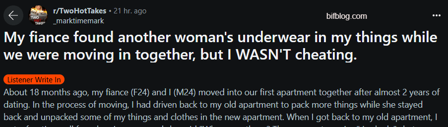 My fiance found another woman's underwear in my things while we were moving in together, but I WASN'T cheating.