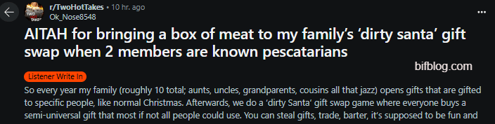 AITAH for bringing a box of meat to my family’s ‘dirty santa’ gift swap when 2 members are known pescatarians