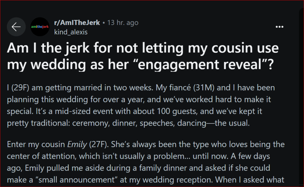 Am I the jerk for not letting my cousin use my wedding as her “engagement reveal”?