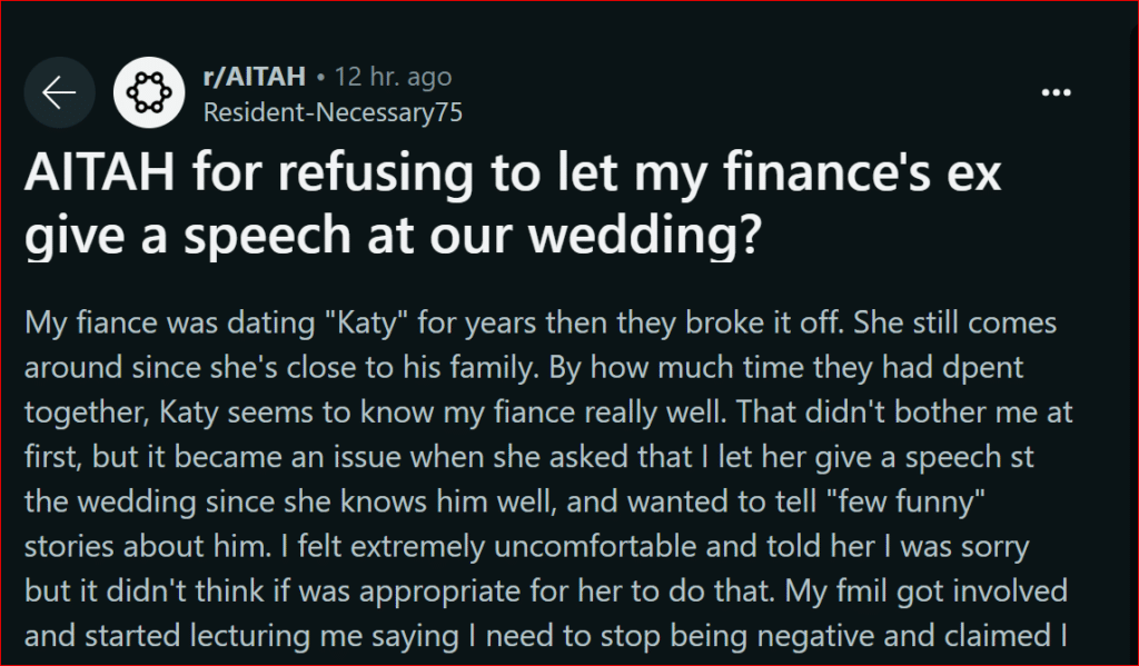 AITAH for refusing to let my finance's ex give a speech at our wedding?