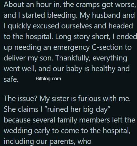 AITA for “stealing” my sister’s wedding spotlight with my emergency C-section?