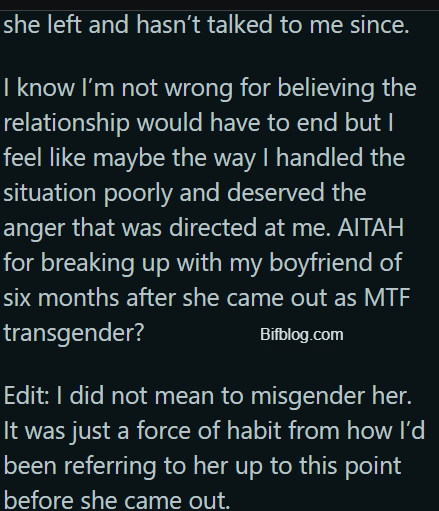 AITAH for breaking up with my partner because I’m “Transphobic”