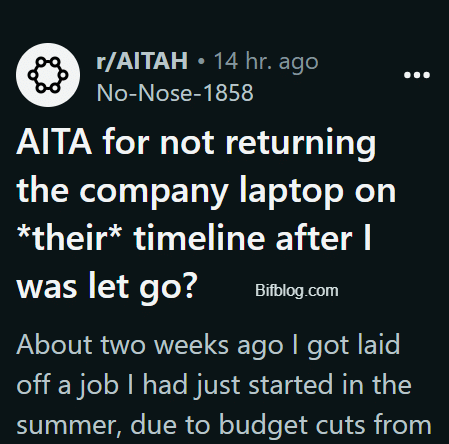 AITA for not returning the company laptop on *their* timeline after I was let go?