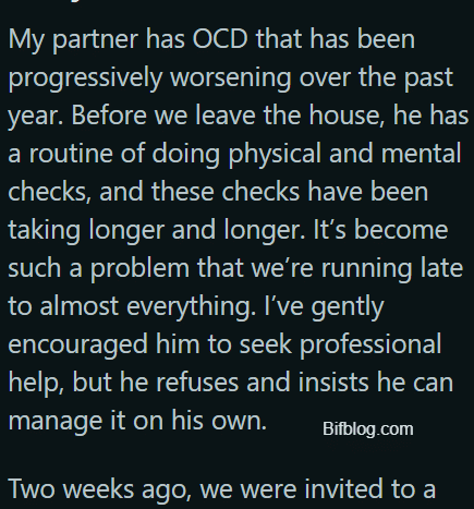 AITA for Leaving My Partner at Home Because His OCD Made Me Late to a Dinner Party at a Restaurant?