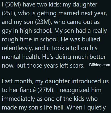 AITA for refusing to pay for my daughter’s wedding after finding out her fiancé used to bully my son?