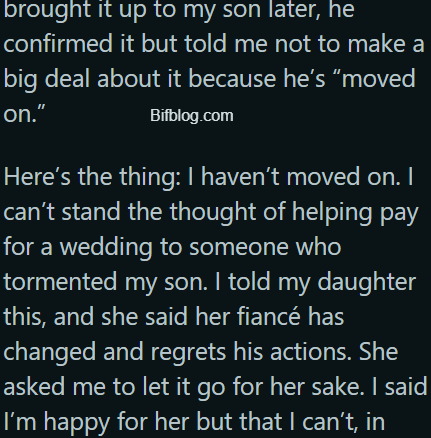 AITA for refusing to pay for my daughter’s wedding after finding out her fiancé used to bully my son?