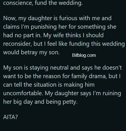 AITA for refusing to pay for my daughter’s wedding after finding out her fiancé used to bully my son?