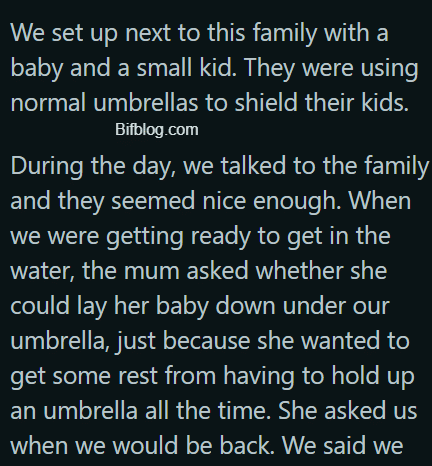 AITA for making a mum move her sleeping baby after we “promised” her an hour under our umbrella at the beach?