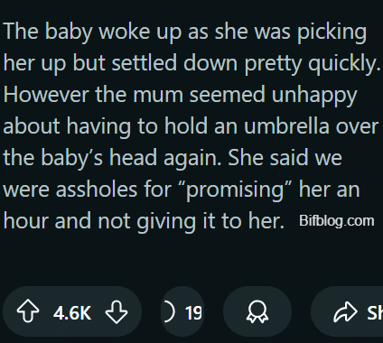 AITA for making a mum move her sleeping baby after we “promised” her an hour under our umbrella at the beach?