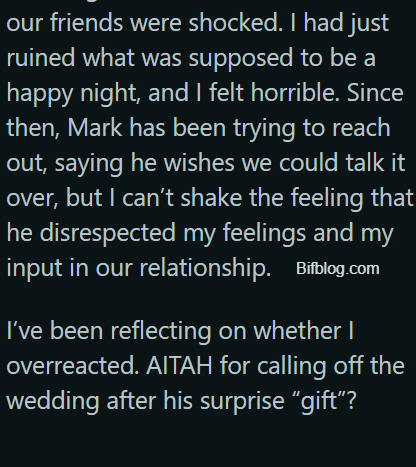 AITAH for calling off my wedding after my fiancé’s surprise “gift”?