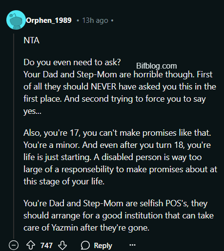 AITA for telling my dad and his wife I won't take responsibility for my disabled stepsister's care in the future?