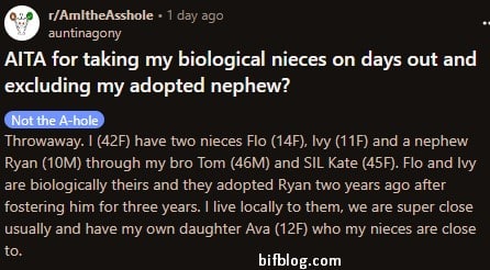 AITA for taking my biological nieces on days out and excluding my adopted nephew?