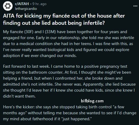 AITA for kicking my fiancée out of the house after finding out she lied about being infertile?