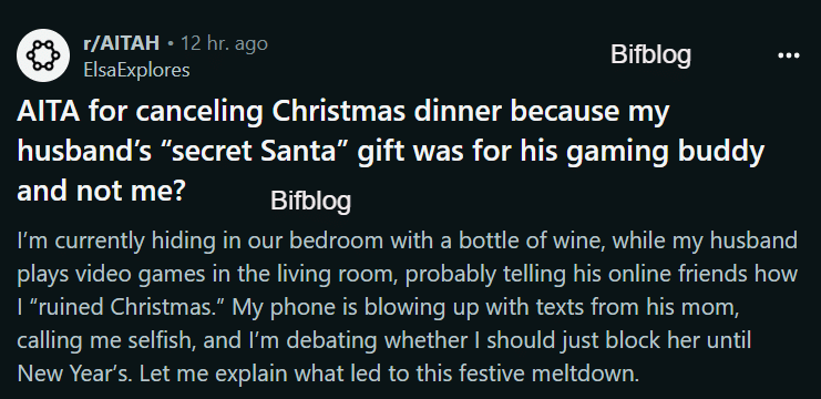 AITA for canceling Christmas dinner because my husband’s “secret Santa” gift was for his gaming buddy and not me?