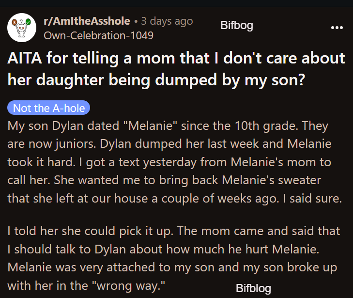 AITA for telling a mom that I don't care about her daughter being dumped by my son?