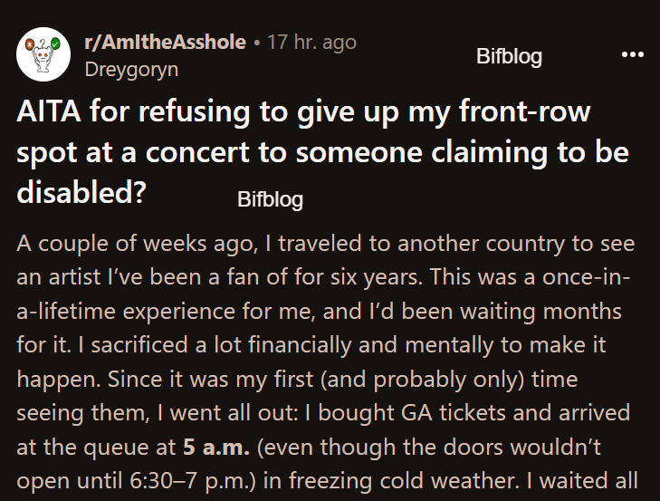 AITA for refusing to give up my front-row spot at a concert to someone claiming to be disabled?