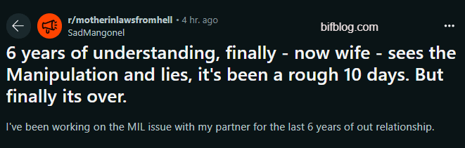 6 years of understanding, finally - now wife - sees the Manipulation and lies, it's been a rough 10 days. But finally its over.