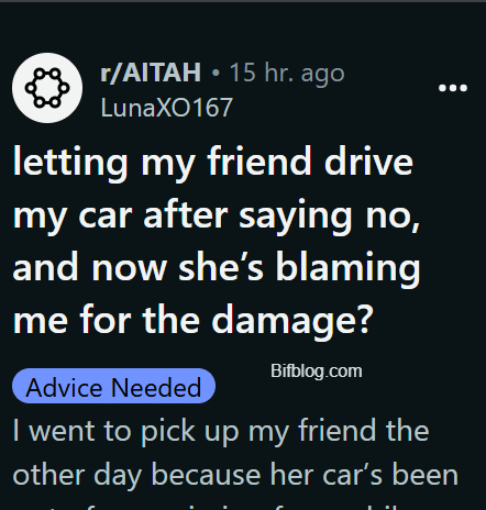 letting my friend drive my car after saying no, and now she’s blaming me for the damage?