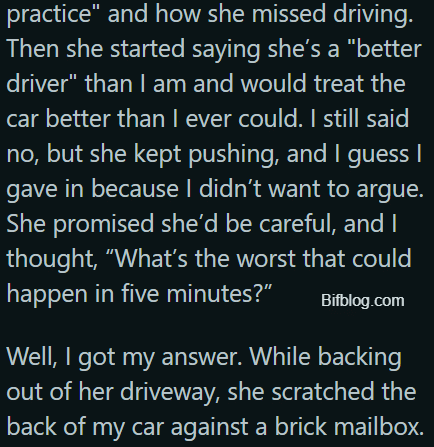 letting my friend drive my car after saying no, and now she’s blaming me for the damage?