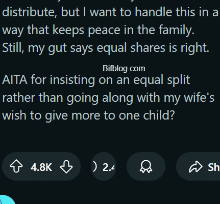 AITA for wanting to split inheritance money equally between my kids when my wife wants to prioritize one?