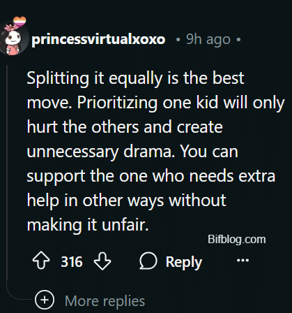 AITA for wanting to split inheritance money equally between my kids when my wife wants to prioritize one?