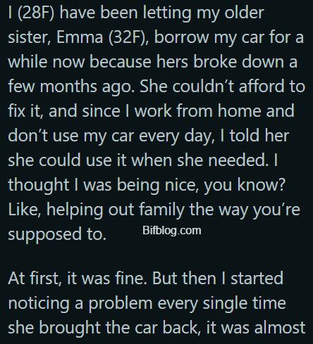 AITA for Going Off on My Sister After She Kept Returning My Car with an Empty Tank