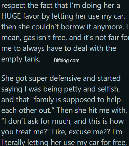 AITA for Going Off on My Sister After She Kept Returning My Car with an Empty Tank