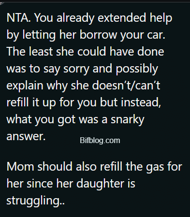 AITA for Going Off on My Sister After She Kept Returning My Car with an Empty Tank