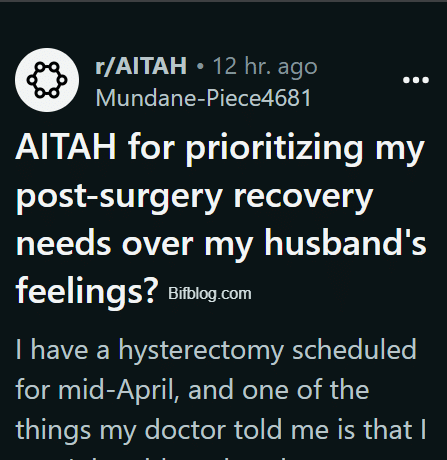 AITAH for prioritizing my post-surgery recovery needs over my husband's feelings?