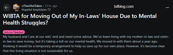 WIBTA for Moving Out of My In-Laws' House Due to Mental Health Struggles?